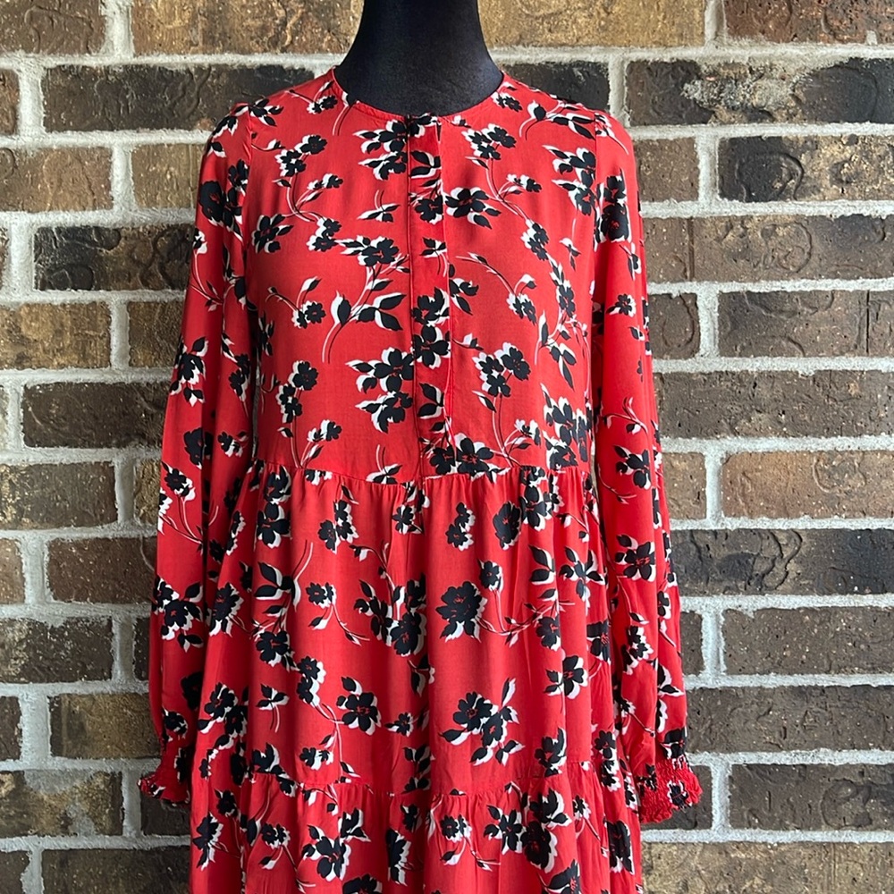 ZARA Angel Midi Maxi Red Black Floral Smock Flared Tiered Dress - Picture 7 of 13